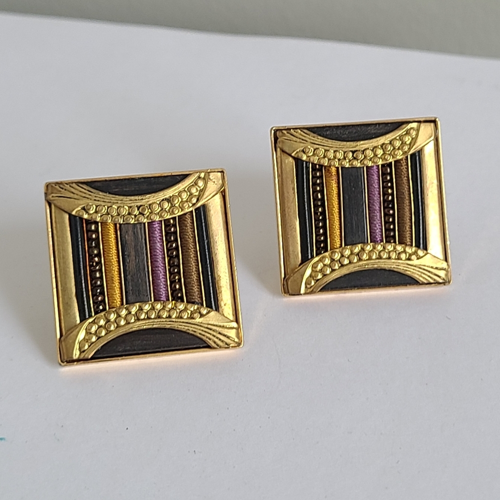 Vintage Retro 50's Langani Designer Boho Colourful Gold Chunky Clip-On Earrings